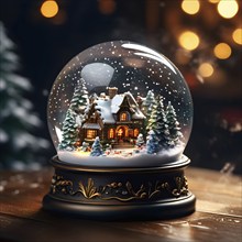 Snow globe with a tiny festive village inside, capturing the swirling snow and the light