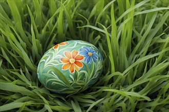 Painted Easter egg nestled in a bed of fresh green grass, showing intricate hand-painted floral