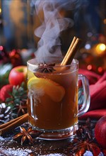 Steaming apple cider in a glass mug, garnished with a cinnamon stick and star anise, surrounded by