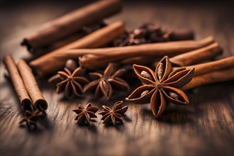 Christmas spices like cinnamon sticks, star anise, and cloves arranged on a wooden table, with soft