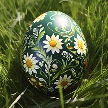 Painted Easter egg nestled in a bed of fresh green grass, showing intricate hand-painted floral