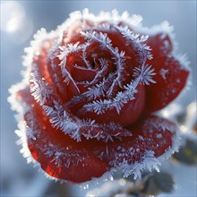 Detailed close-up of frost patterns on a red rose, AI generated