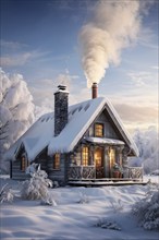 Snow-covered cottage with smoke from the chimney in a cozy and serene winter scene, AI generated