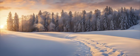 Footprints in fresh snow on a hill with a row of trees in winter in golden sunrise light, AI