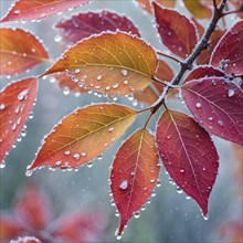 Water droplets on vibrant colored autumn leaves, AI generated