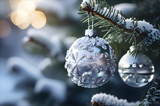 Set of Christmas ornaments hanging on a snow-covered pine tree branch, with frost clinging to the