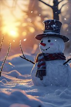 Snowman in an idylic winter landscape, snow covered trees, golden hour light of sunrise, AI