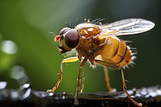 Close up of a fruit fly set against a blurred green foliage, AI generated