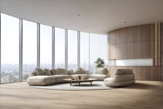 Three dimensional render of a spacious living room, AI generated