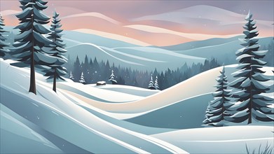 Abstract winter wonderland with minimalist stylized pine trees and snowdrifts using soft pastel