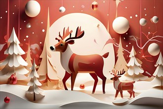 Whimsical abstract scene with stylized reindeer and sleighs to capture the magic of Christmas, AI