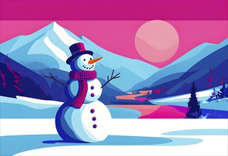 Abstract illustration of a snowman in an idyllic snowy winter landscape, hills and mountains and