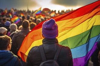 Back view of people in demonstration with LGTB ranbow flags. KI generiert, generiert AI generated