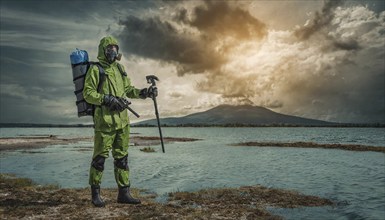 Symbolism, climate catastrophe, researchers in protective suits taking samples, AI-generated, AI