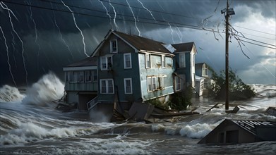 Coastal house overwhelmed by a storm surge, AI generated