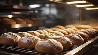 Fresh loaves of bread dominate the foreground of an industrial bakery, AI generated