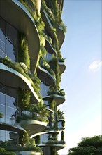 Futuristic skyscraper with termite mounds for natural ventilation and energy efficiency, AI