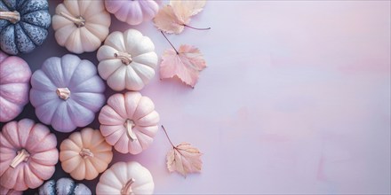 Top view of pastel cute pumpkins on pink background with copy space. Generative Ai, AI generated