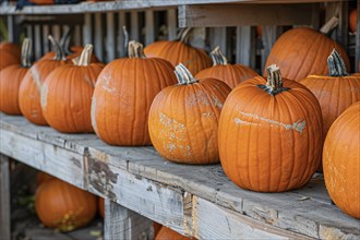 Large orange pumpkins on wooden racks at market. Generative Ai, AI generated