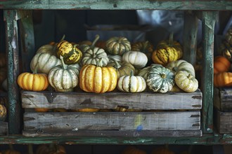 Small colorful pumpkins in crates at market. Generative Ai, AI generated