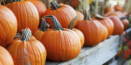 Banner with orange pumpkins on wooden racks at farmer's market. Generative Ai, AI generated