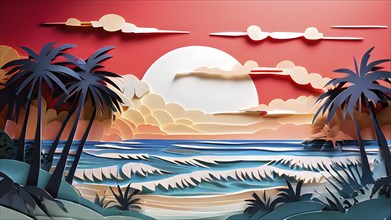 Minimalistic paper art illustration of a tropical beach with blue ocean and palm trees, AI