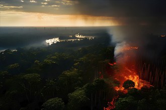 Aerial view capturing the dramatic fire clearing deforestation in the amazon rainforest, AI