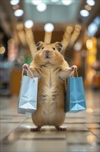 A humanised hamster stands in a shopping mall and holds two shopping bags in its hands, symbolic