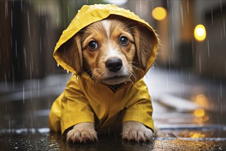 Cute dog with yellow raincoat with hood in street with rain. KI generiert, generiert AI generated