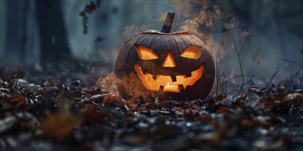 Halloween banner with carved pumpkin lantern in forest. Generative AI, AI generated