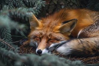 Tired fox sleeping in forest. Generative AI, AI generated