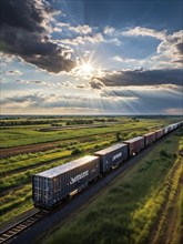 Aerial view of a modern freight train with reflective metallic surfaces, AI generated