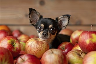 Small chihuahua dog between apples. Generative AI, AI generated