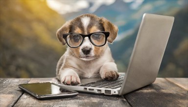 Symbol photo, dog, a puppy with glasses, doing business with a laptop and a mobile phone, AI