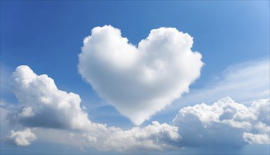 Heart-shaped white cloud in the blue sky, AI generated, AI generated