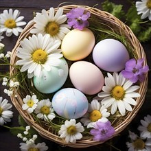 Pastel-colored Easter eggs in a wicker basket, surrounded by delicate spring flower, AI generated