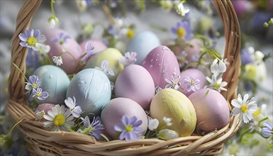 Pastel-colored Easter eggs in a wicker basket, surrounded by delicate spring flower, AI generated