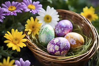 Vibrant-colored Easter eggs in a wicker basket, surrounded by delicate spring flowers, AI generated