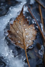 Delicate leaf resting on the surface of a frozen puddle, with intricate ice crystals forming