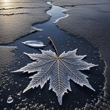 Delicate leaf resting on the surface of a frozen puddle, with intricate ice crystals forming