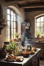 Rustic kitchen interior with exposed wooden beams, a farmhouse sink, and a table set with freshly