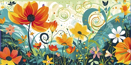 Playful, abstract illustration of a spring garden with exaggerated, colorful floral forms, and