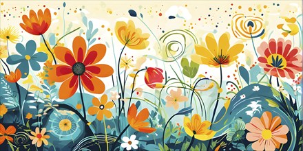 Playful abstract illustration of a spring garden with exaggerated, colorful floral forms, and