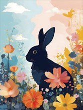 Abstract illustration of a bunny silhouette filled with a collage of spring flowers and vivid