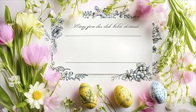 Easter card with delicate hand-drawn illustrations, placed among fresh flowers and decorated eggs,