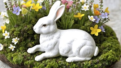 Vintage porcelain rabbit figurine surrounded by small, colorful spring flowers and soft moss, AI