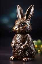 Easter bunny figurine made of chocolate, with a soft focus on intricate patterns and glossy