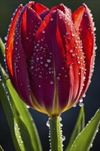 Dew-covered tulip, with water droplets glistening on its vibrant petals in early morning light, AI