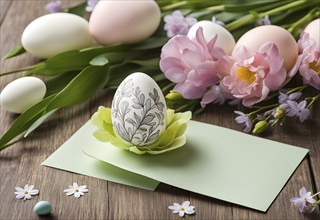 Easter card with delicate hand-drawn illustrations, placed among fresh flowers and decorated eggs,