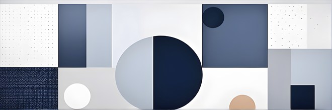 Minimalist composition of overlapping geometric shapes, such as circles, squares, and triangles,